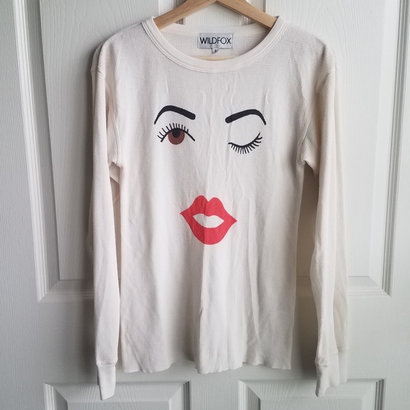 Wildfox Tops - Wildfox Cream Winking Face Thermal Top Size Small